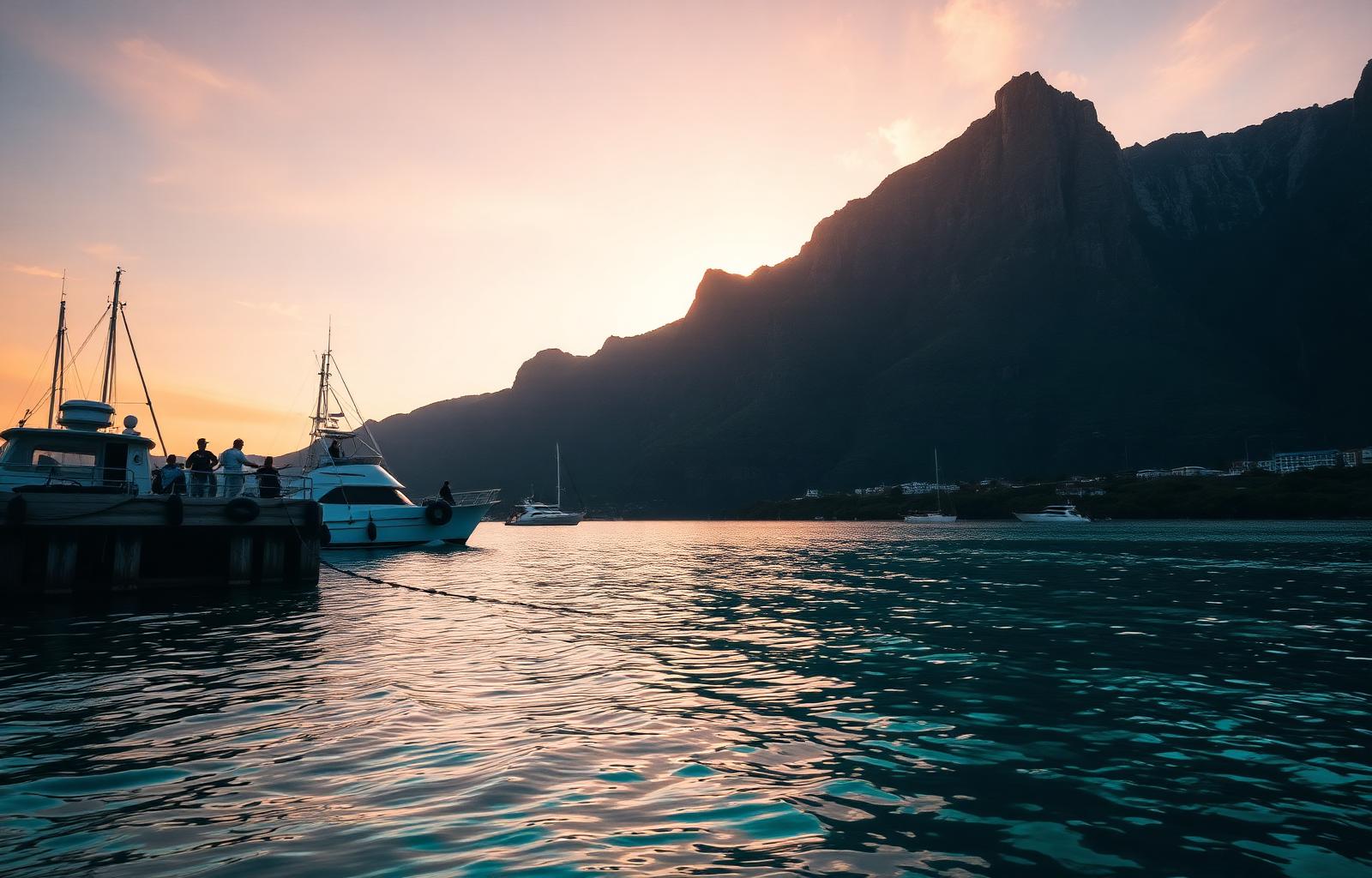 Charter boats in Hout Bay harbour at sunset with the Sentinel mountain
