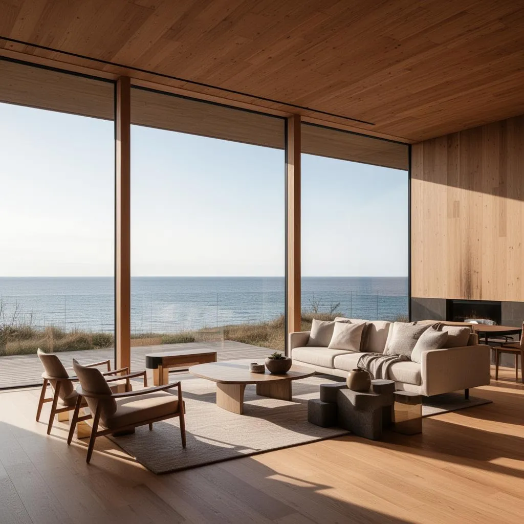 Salon luxueux avec fenêtres panoramiques et vue sur l'Atlantique