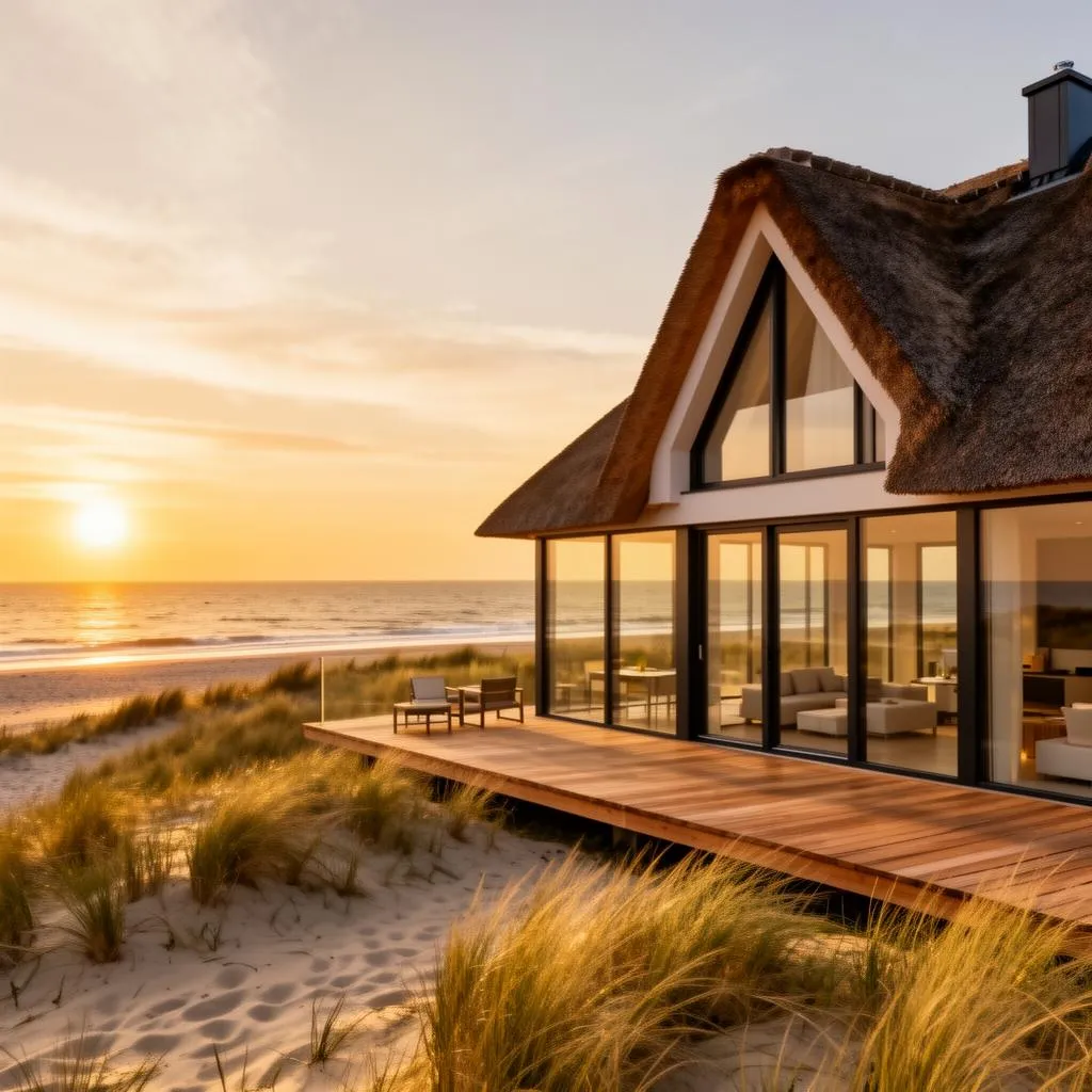 Maison de vacances de luxe avec accès direct à la plage au coucher du soleil sur l'Atlantique