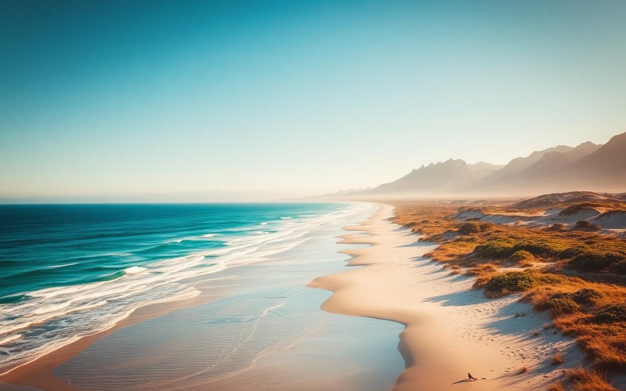 Long Beach Kommetjie im Sommer mit türkisem Atlantik und Bergen