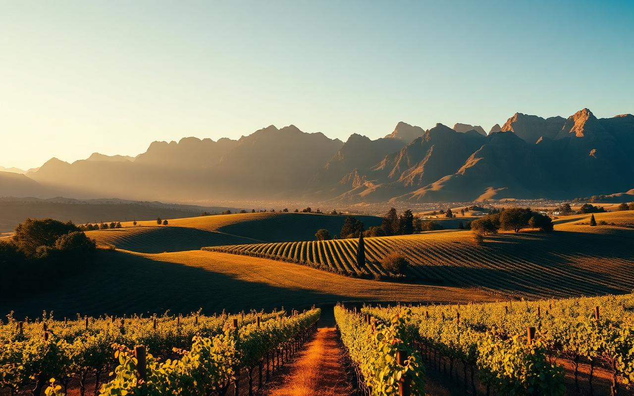 Weinberge in Stellenbosch mit Bergpanorama im goldenen Licht