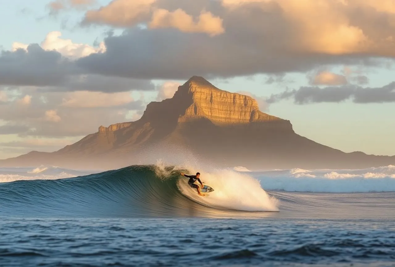 Surfeur sur une vague à l'Outer Kom de Kommetjie avec Chapman's Peak en arrière-plan