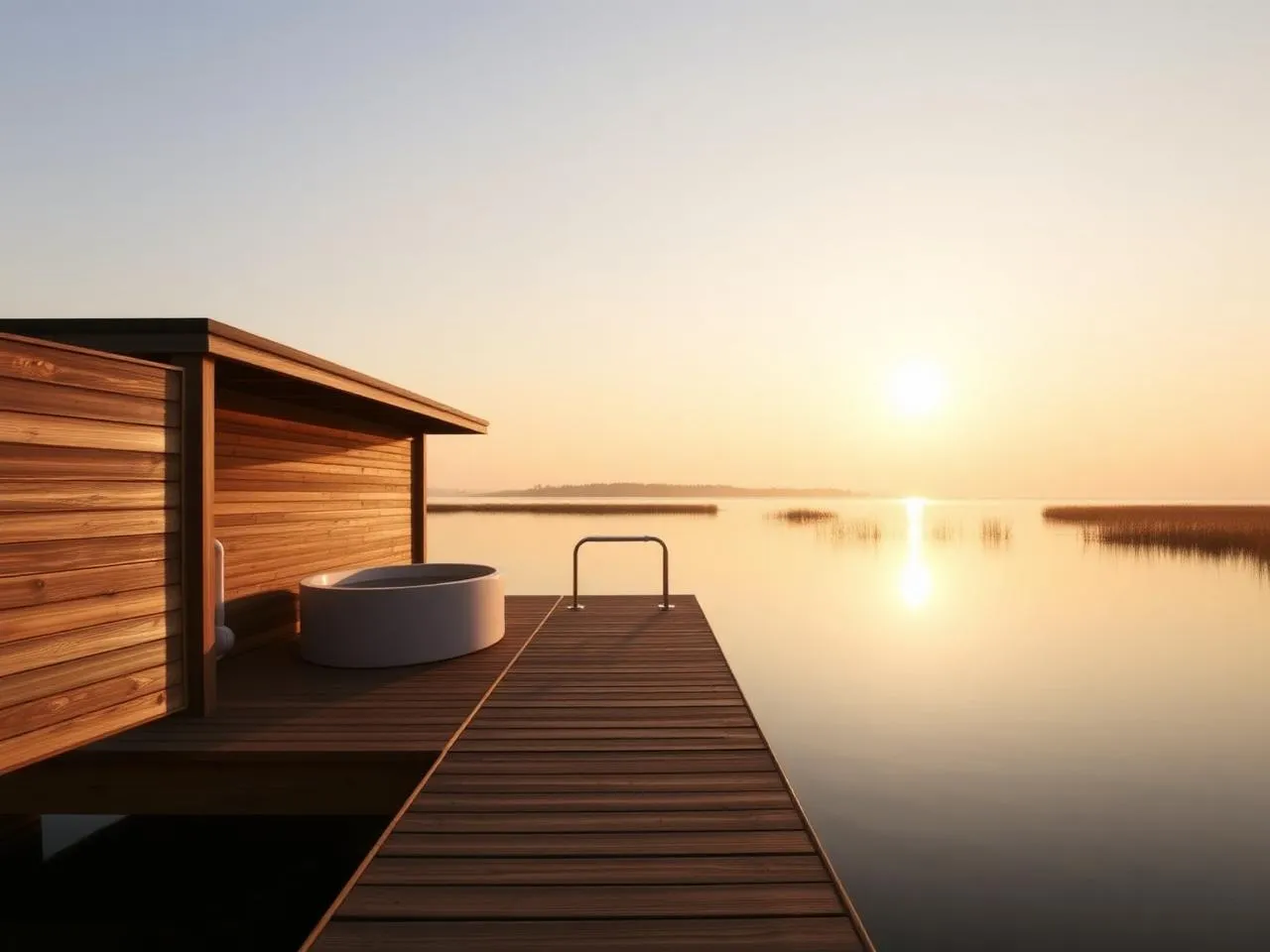 Villa Austral – Vue du jardin sur la piscine et l'Atlantique au coucher du soleil