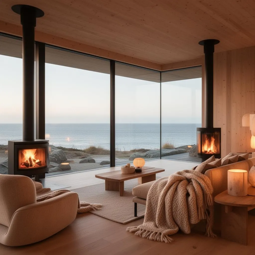 Intérieur de la villa – salon luxueux avec vue sur la mer